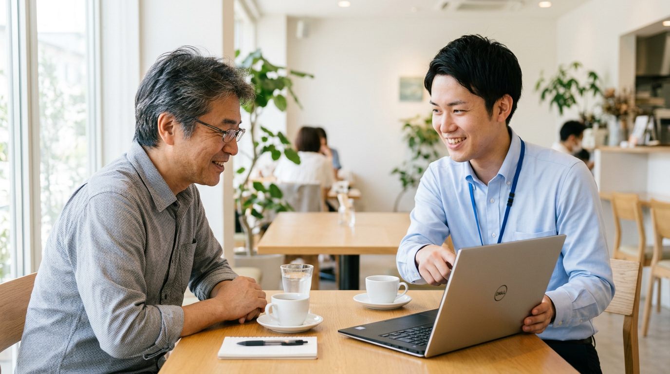 カフェでスタッフがパソコンの使い方を説明している様子