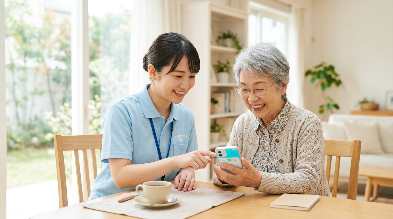 スタッフがご自宅でシニアの女性にスマホの使い方を教えている様子